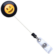 Load image into Gallery viewer, Winking Emoji Black Plastic Badge Reel - Retractable Reels