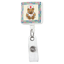 Load image into Gallery viewer, Nurse Bear Square Plastic Badge Reel with Crystals - Retractable Reels