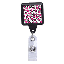 Load image into Gallery viewer, Pink Leopard Print - Black Square Plastic Badge Reel
