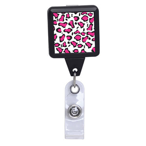 Pink Leopard Print - Black Square Plastic Badge Reel