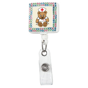 Nurse Bear Square Plastic Badge Reel with Crystals