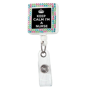 Keep Calm Nurse Square Plastic Badge Reel with Crystals